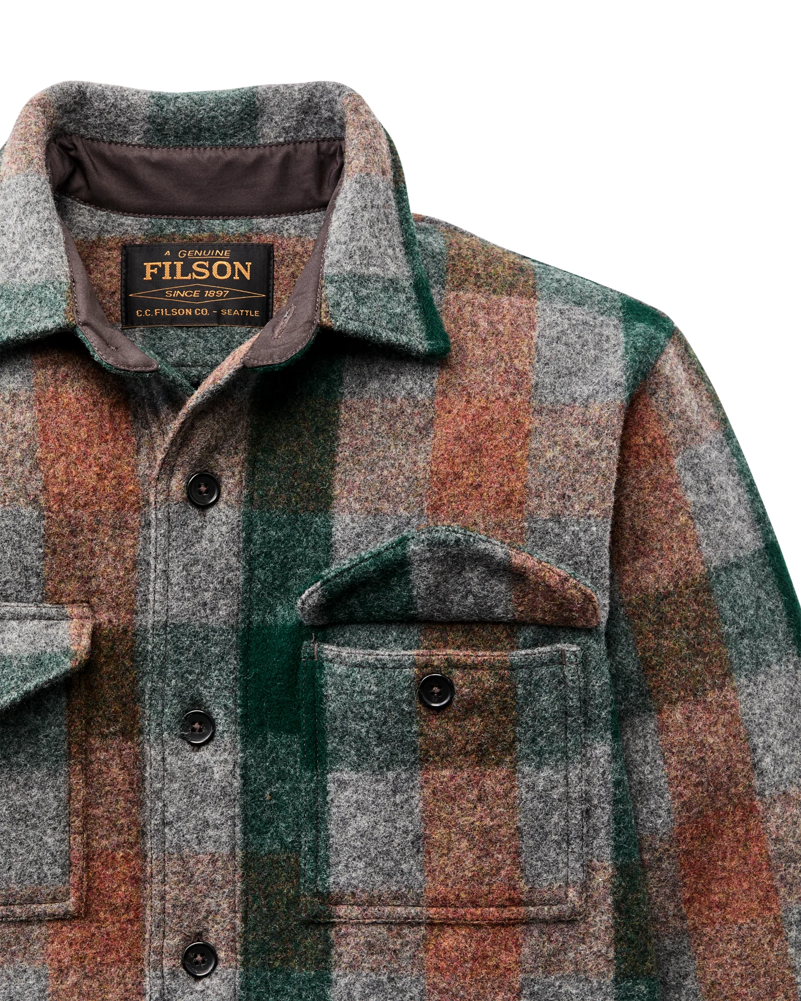 Mackinaw Wool Jac-shirt "Green/Orange/Grey Plaid"